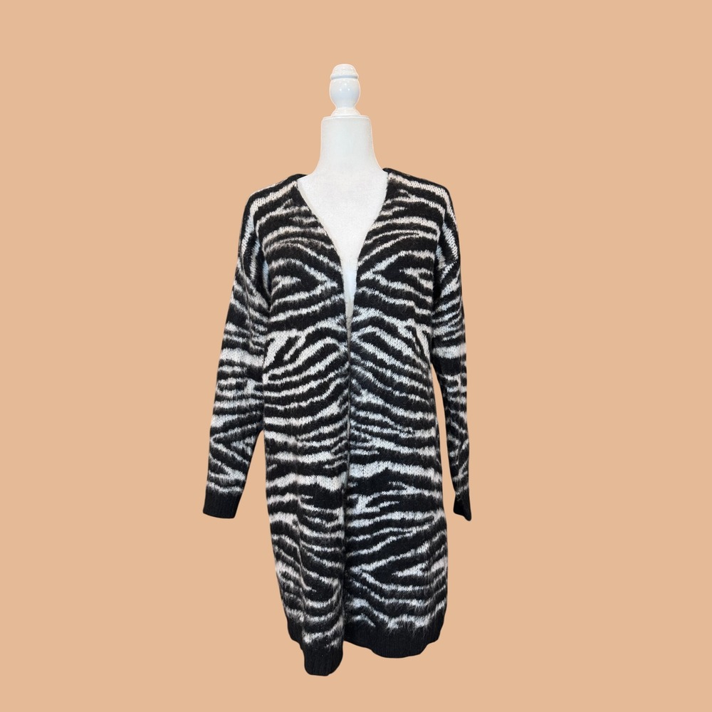 DEX Zebra Cardigan Womens S Black White Excellent Longline Animal Print Sweater